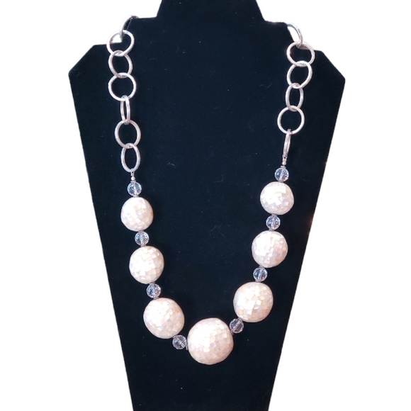Mosaic Mother Of Pearl Beads Sterling Silver Circle Link Handcrafted Necklace - Picture 1 of 6